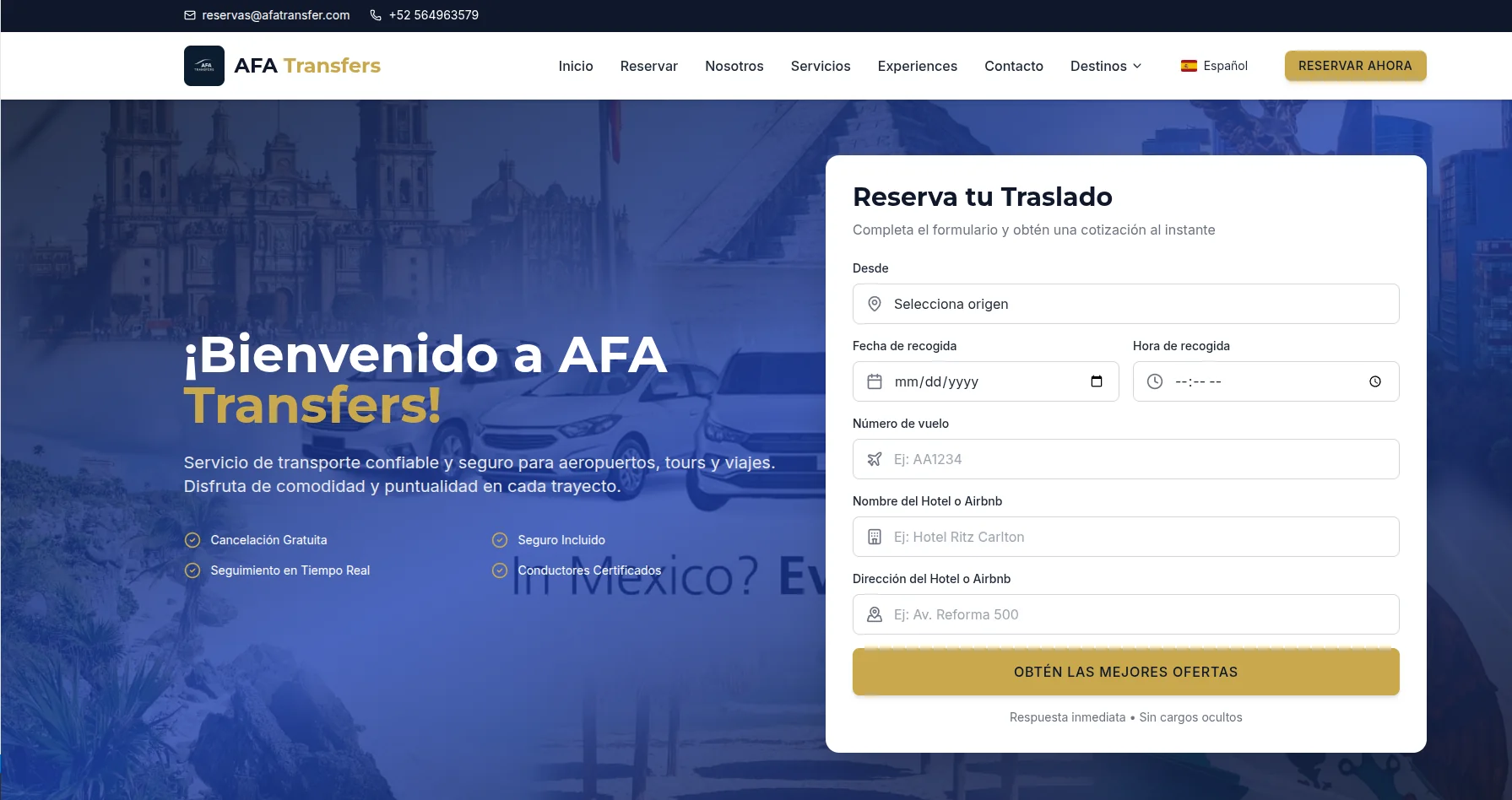 Plataforma de reservas de AFA Transfers