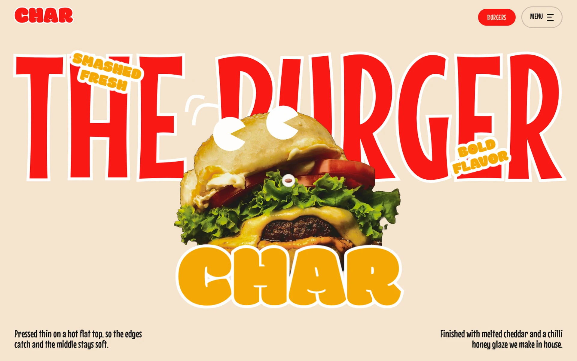 Home de CHAR con titular de hamburguesa y navegación de marca