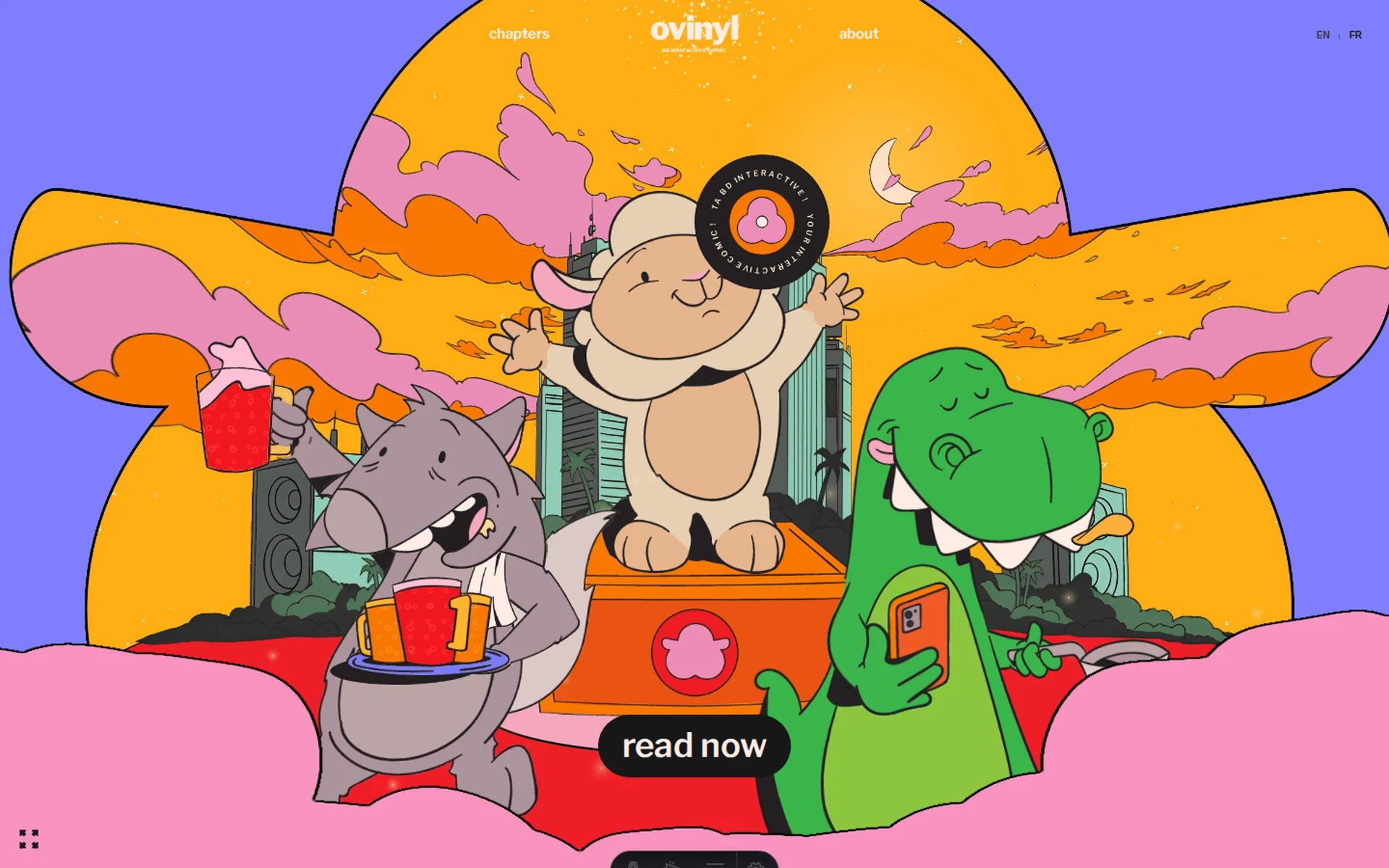 Home de Ovinyl con personajes ilustrados y llamado a leer ahora
