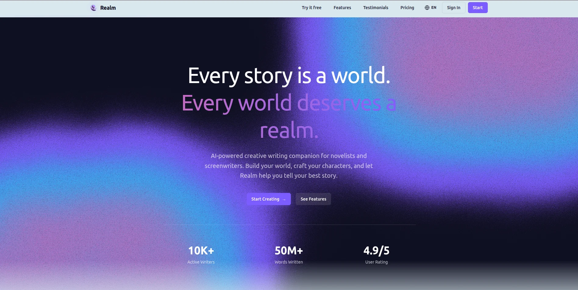 Página de inicio de Realm, un espacio creativo de escritura con asistencia de IA