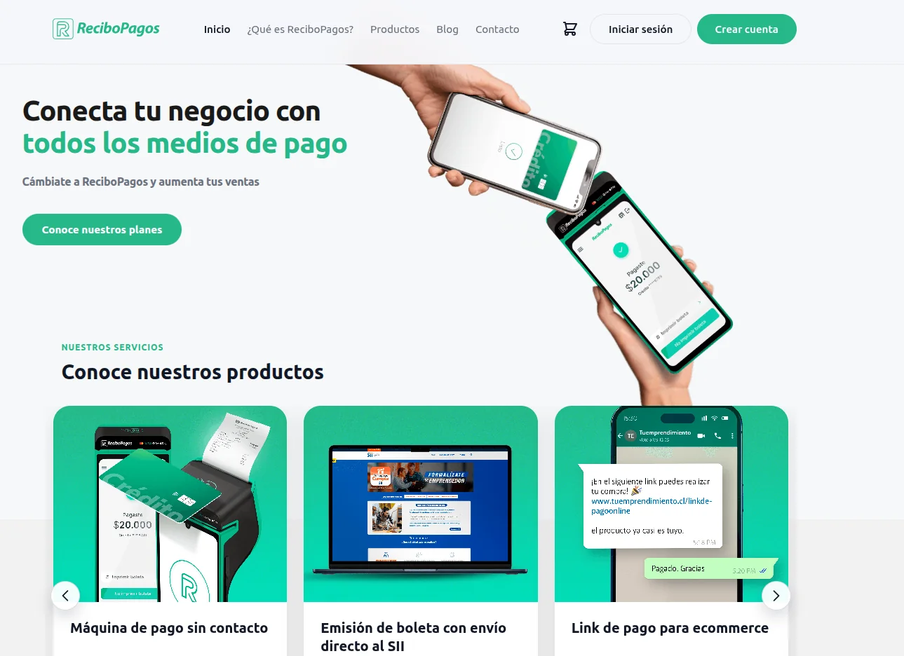 Página de inicio de ReciboPagos presentando terminales y productos de pago digitales