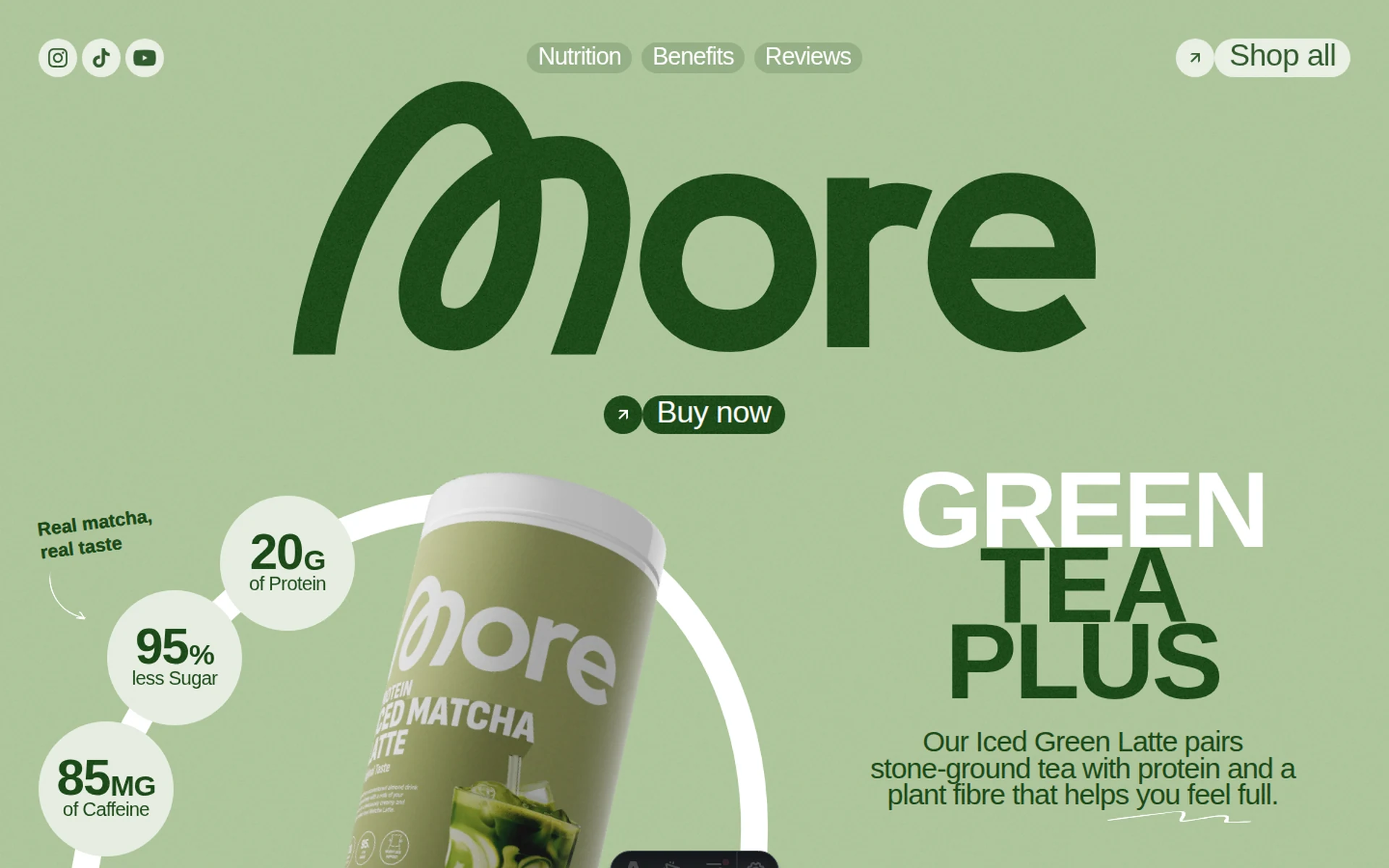 Página de producto Verdant para un iced green tea latte con proteína